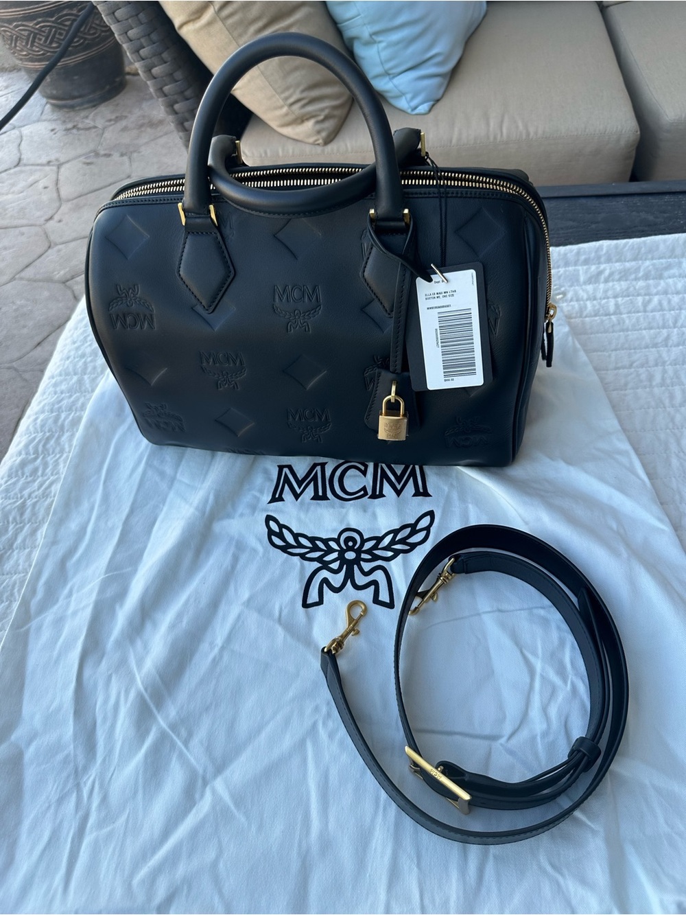 MCM Black MCM Embossed leather Boston Bag with Gold Hardware